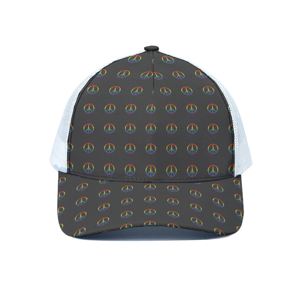 Rainbow LGBT Peace Sign Pattern Print White Mesh Trucker Cap