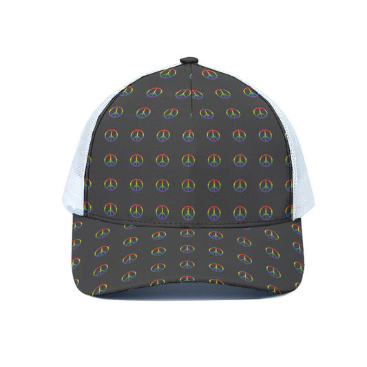 Rainbow LGBT Peace Sign Pattern Print White Mesh Trucker Cap
