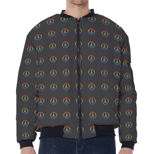 Rainbow LGBT Peace Sign Pattern Print Zip Sleeve Bomber Jacket