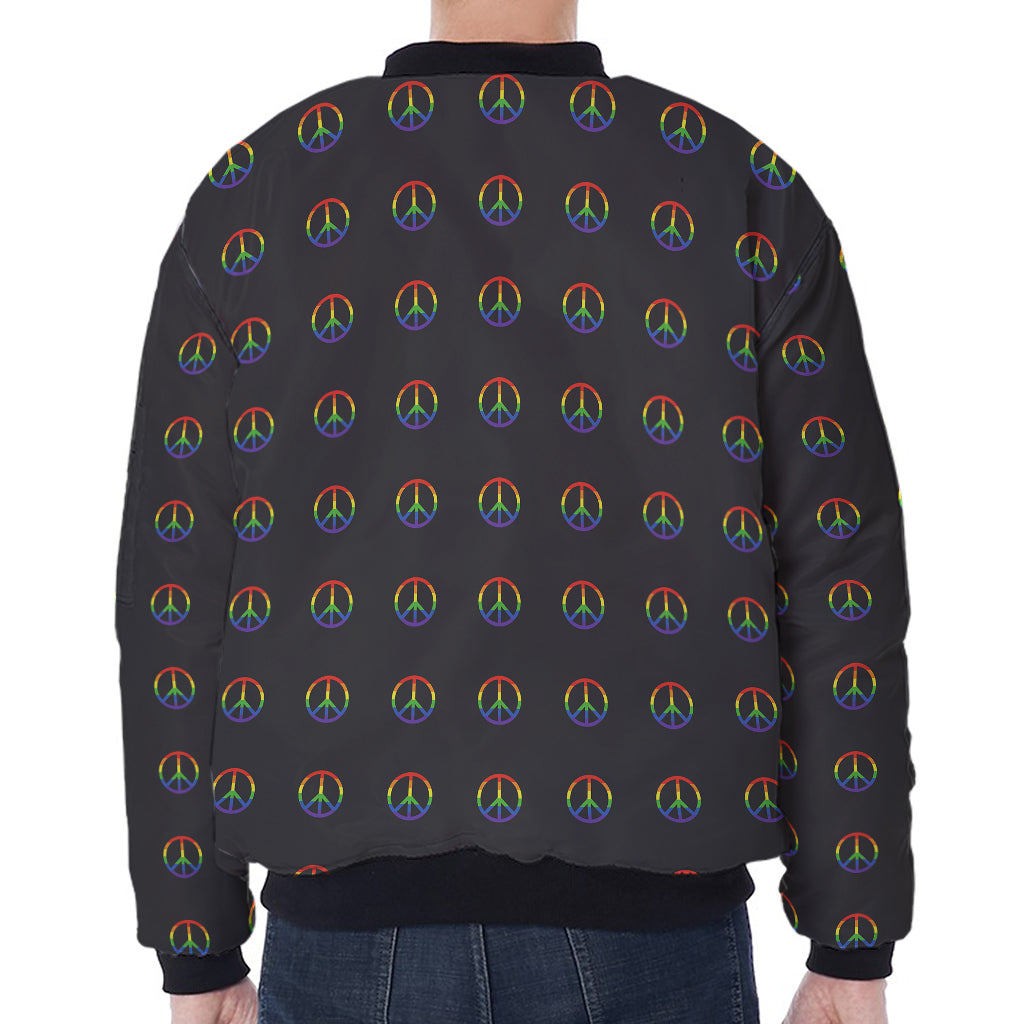 Rainbow LGBT Peace Sign Pattern Print Zip Sleeve Bomber Jacket