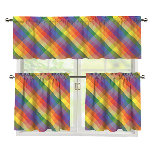 Rainbow LGBT Plaid Pattern Print 3 Piece Kitchen Curtains