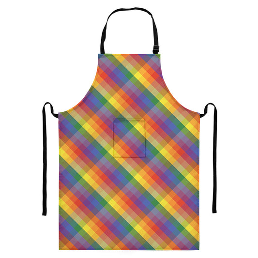 Rainbow LGBT Plaid Pattern Print Bib Apron With Pocket