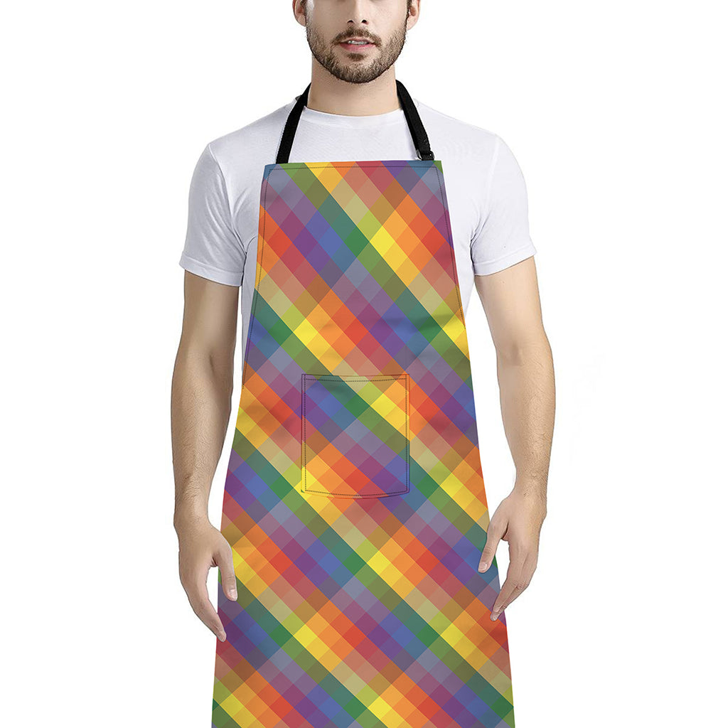Rainbow LGBT Plaid Pattern Print Bib Apron With Pocket