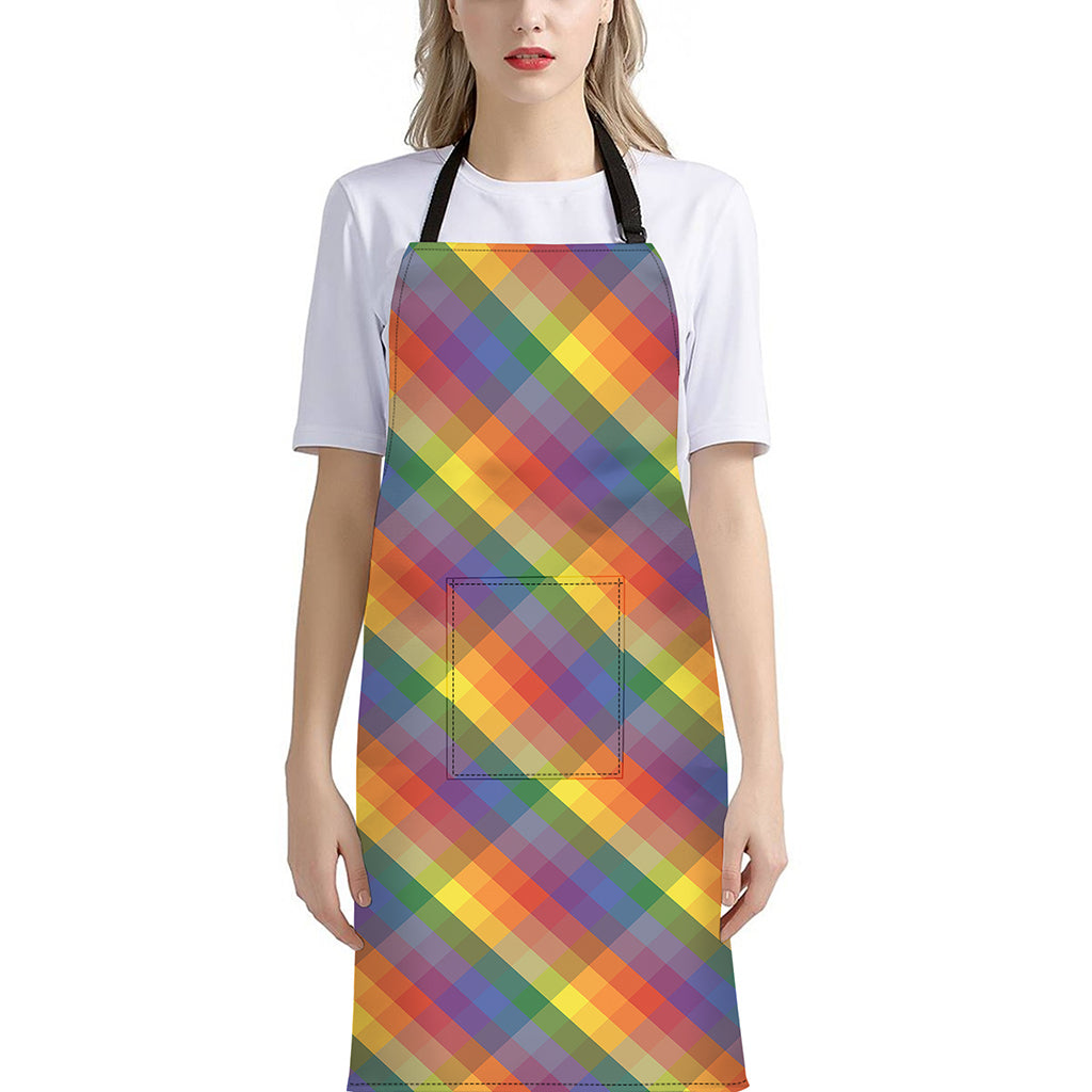 Rainbow LGBT Plaid Pattern Print Bib Apron With Pocket