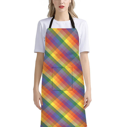 Rainbow LGBT Plaid Pattern Print Bib Apron With Pocket