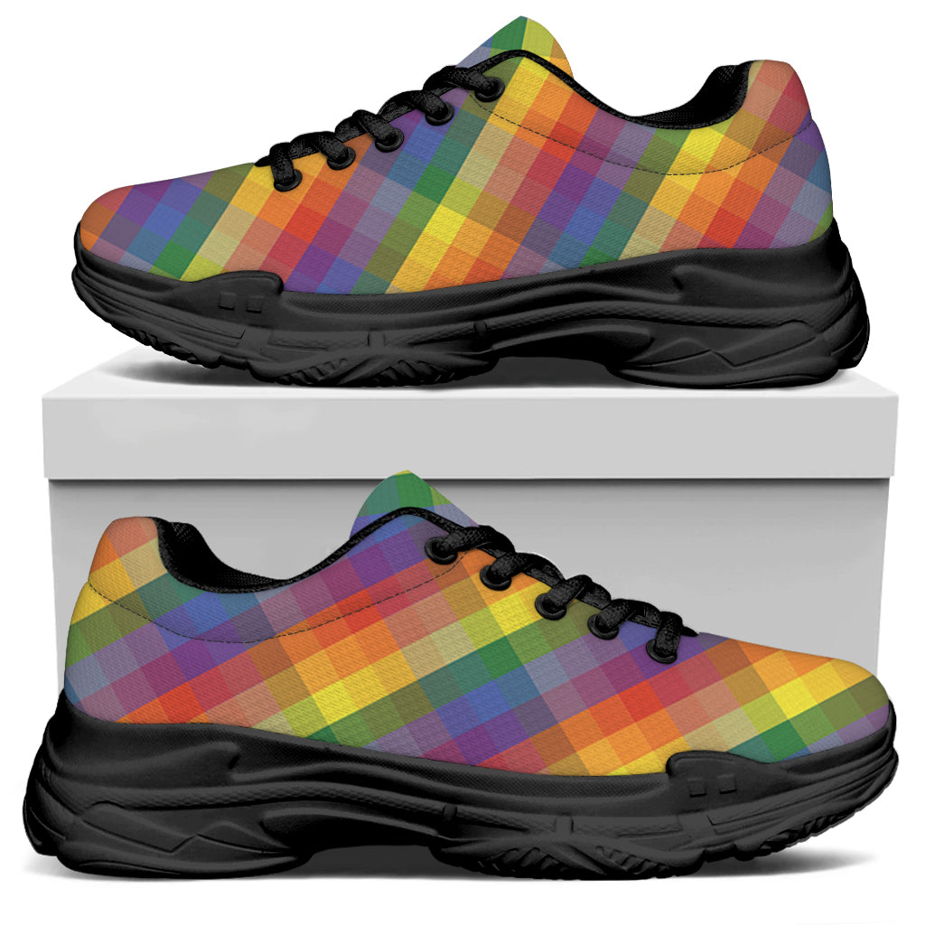 Rainbow LGBT Plaid Pattern Print Black Chunky Shoes