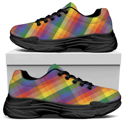 Rainbow LGBT Plaid Pattern Print Black Chunky Shoes