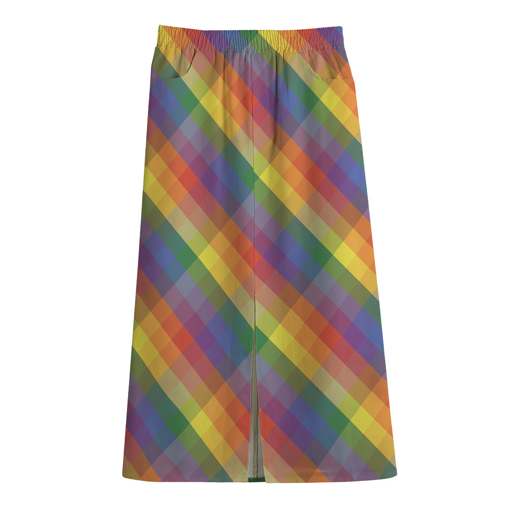 Rainbow LGBT Plaid Pattern Print Cotton Front Slit Maxi Skirt
