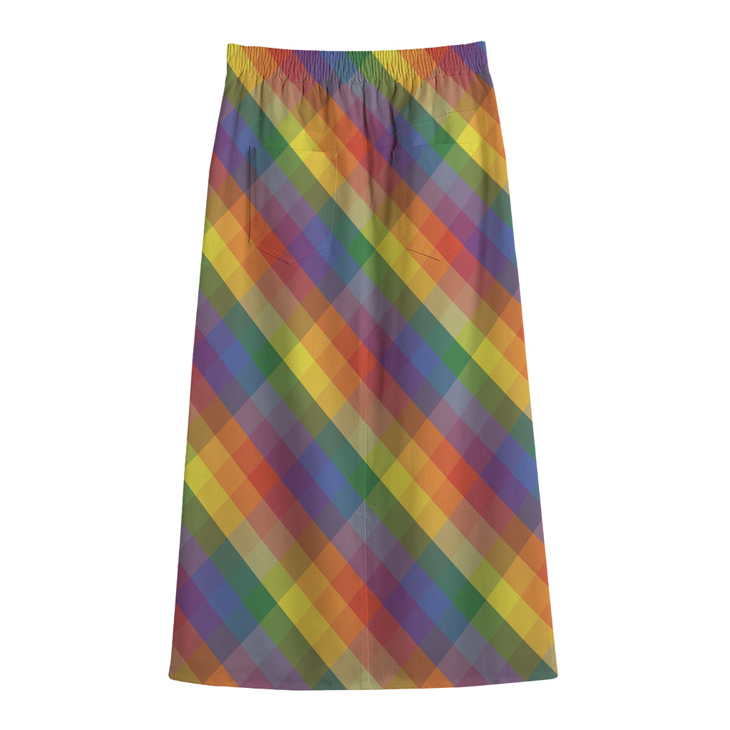 Rainbow LGBT Plaid Pattern Print Cotton Front Slit Maxi Skirt
