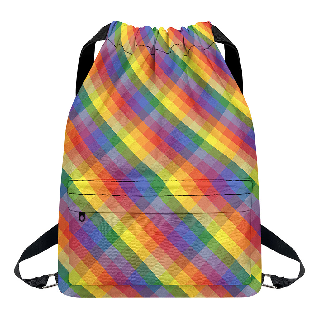 Rainbow LGBT Plaid Pattern Print Drawstring Backpack