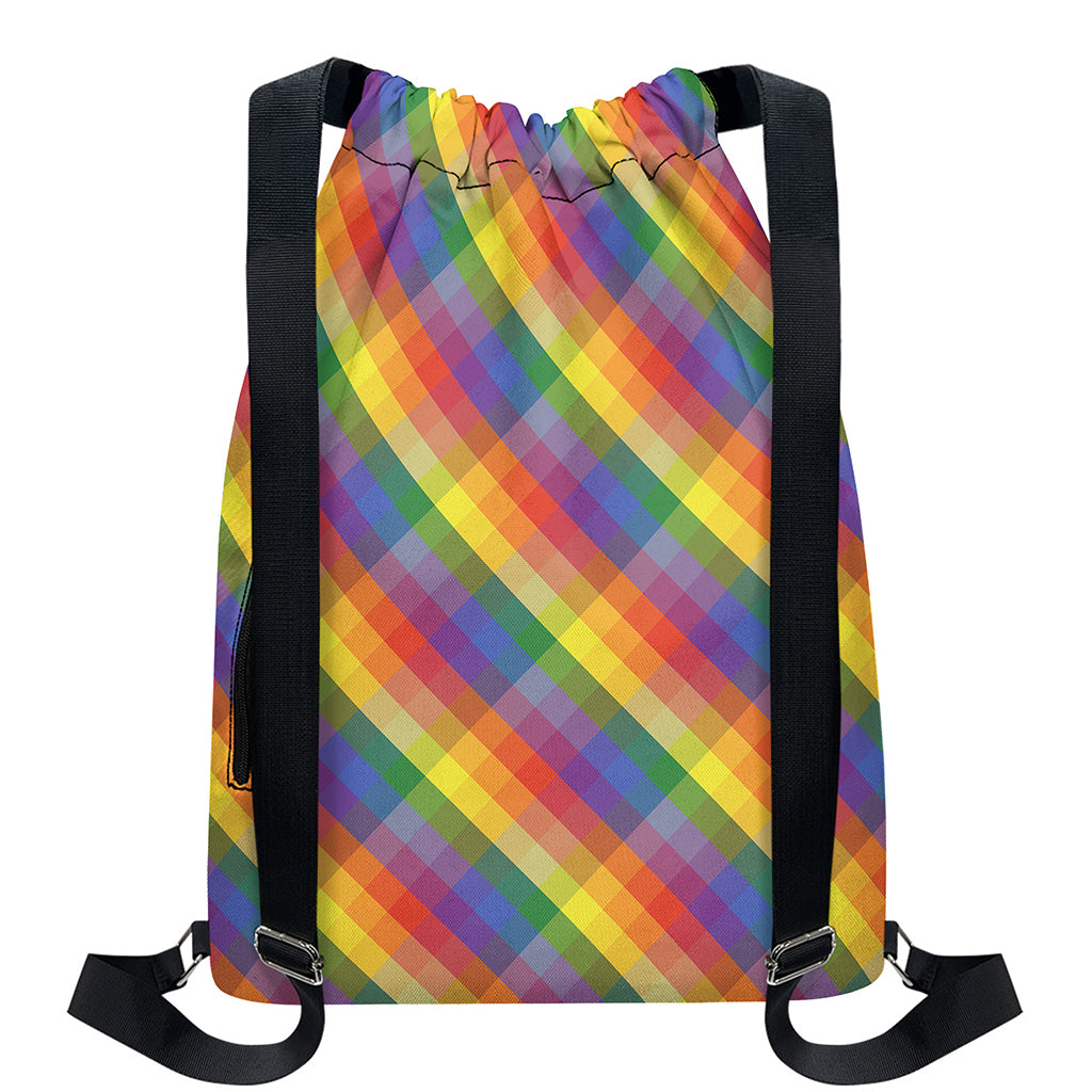 Rainbow LGBT Plaid Pattern Print Drawstring Backpack