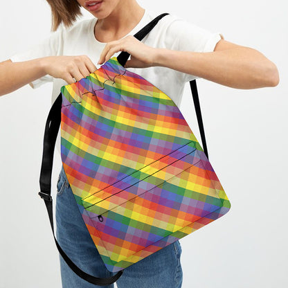 Rainbow LGBT Plaid Pattern Print Drawstring Backpack