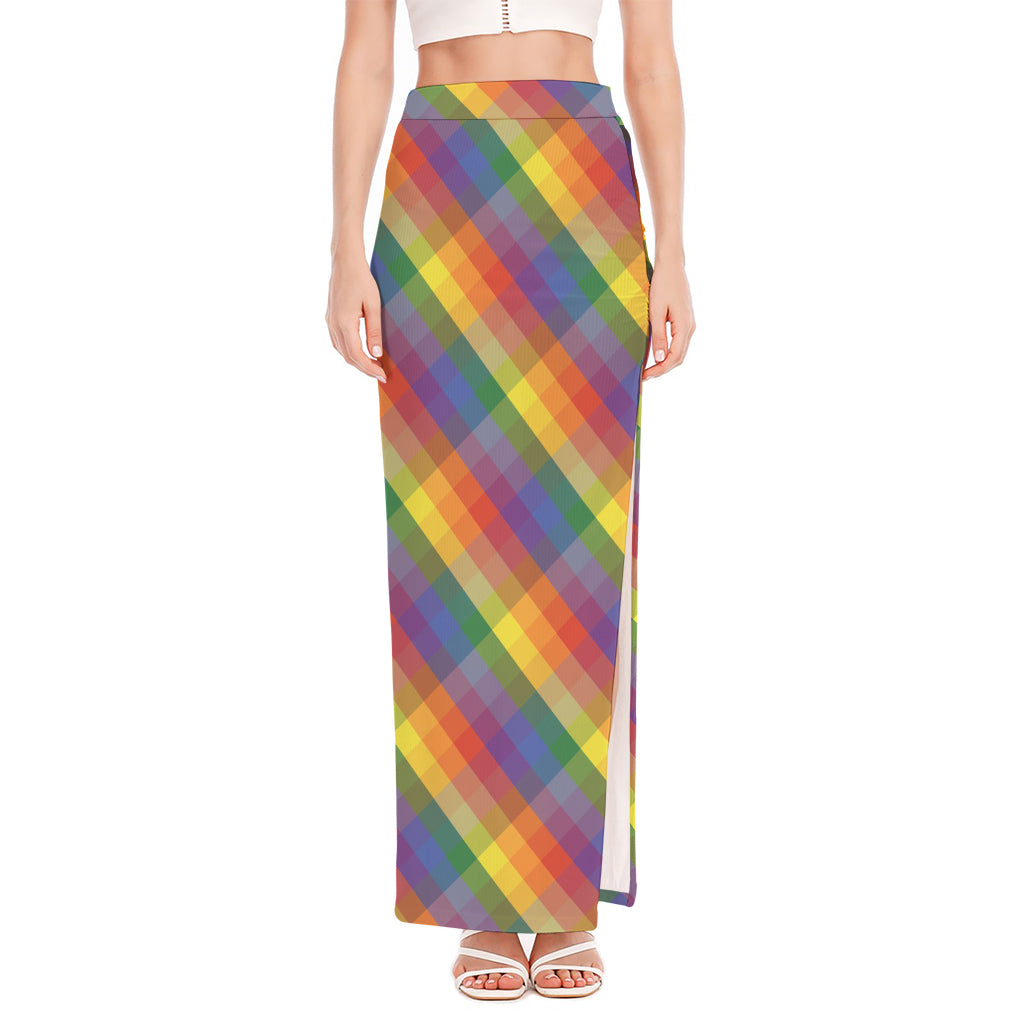 Rainbow LGBT Plaid Pattern Print High Slit Maxi Skirt