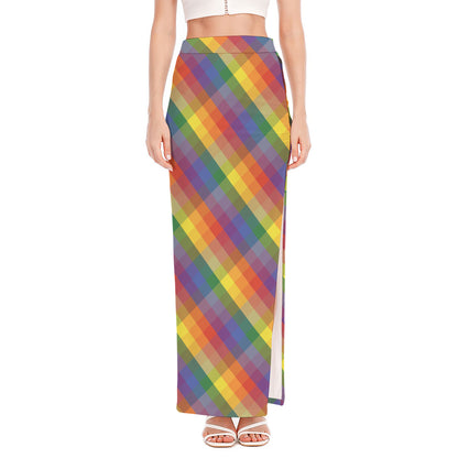 Rainbow LGBT Plaid Pattern Print High Slit Maxi Skirt