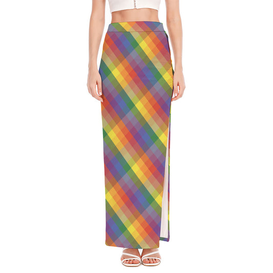 Rainbow LGBT Plaid Pattern Print High Slit Maxi Skirt