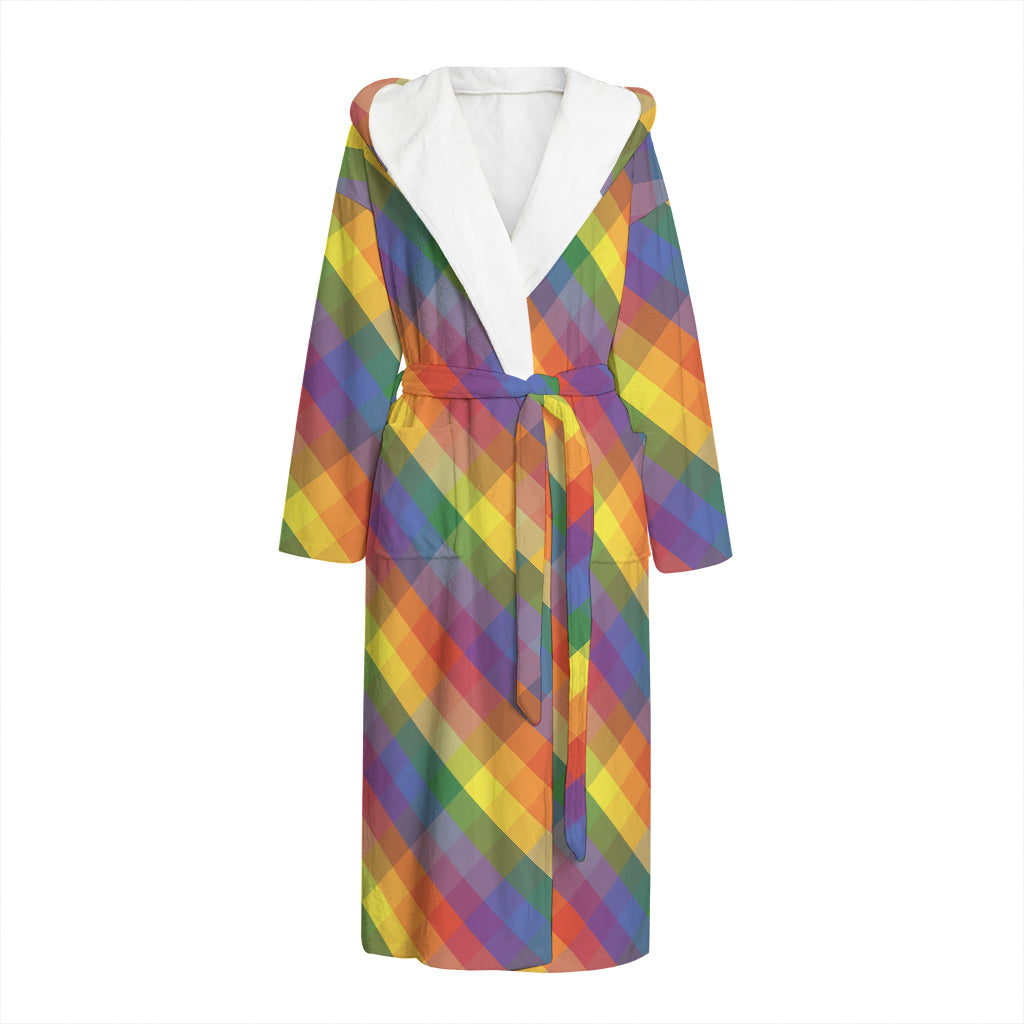 Rainbow LGBT Plaid Pattern Print Hooded Bathrobe