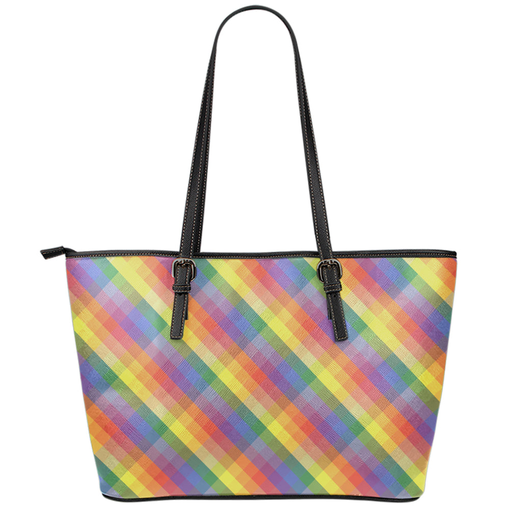 Rainbow LGBT Plaid Pattern Print Leather Tote Bag