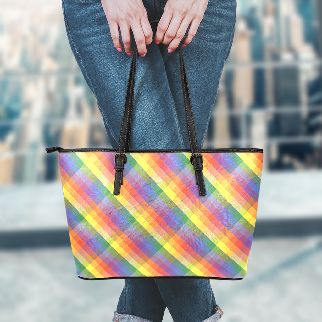 Rainbow LGBT Plaid Pattern Print Leather Tote Bag