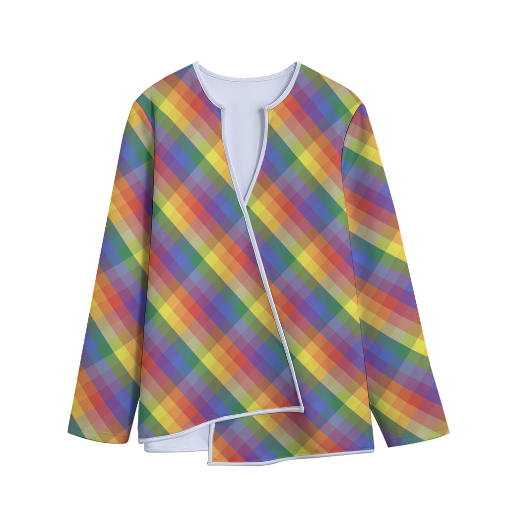 Rainbow LGBT Plaid Pattern Print Long Sleeve Short Coat