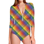Rainbow LGBT Plaid Pattern Print Long Sleeve Swimsuit