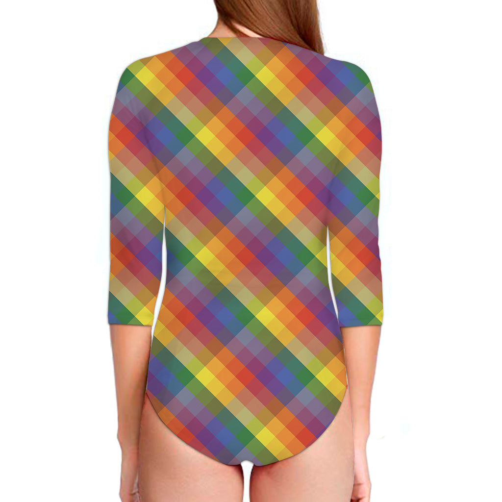 Rainbow LGBT Plaid Pattern Print Long Sleeve Swimsuit