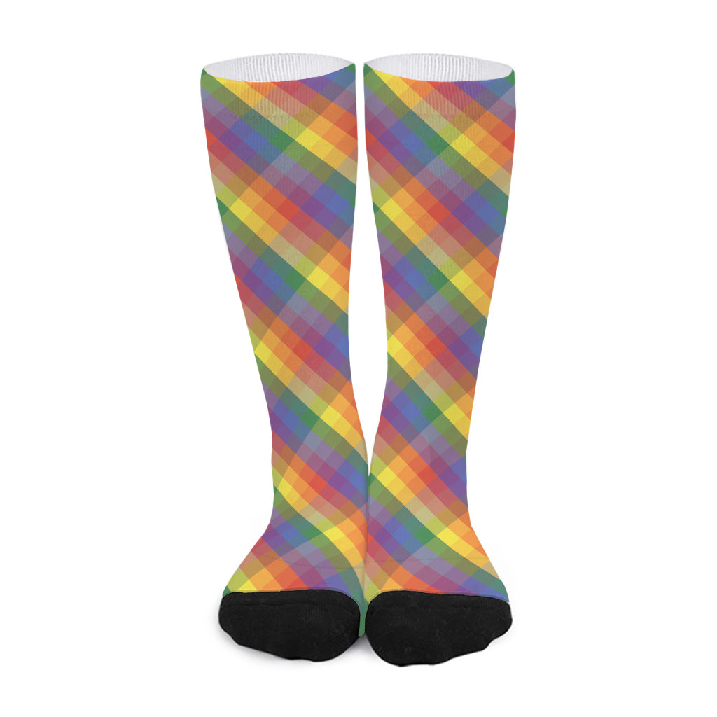 Rainbow LGBT Plaid Pattern Print Long Socks