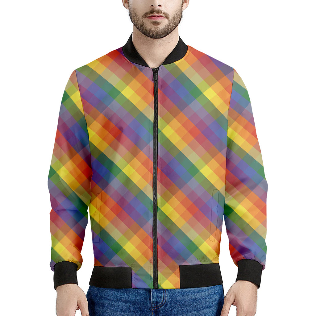 Rainbow LGBT Plaid Pattern Print Men's Bomber Jacket