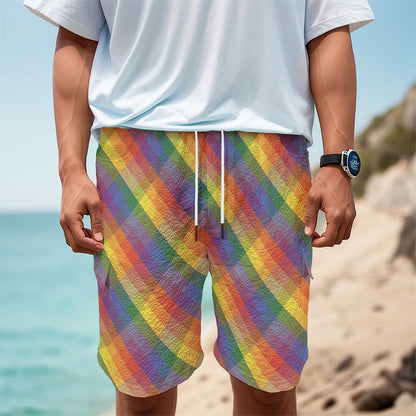 Rainbow LGBT Plaid Pattern Print Men's Cargo Shorts