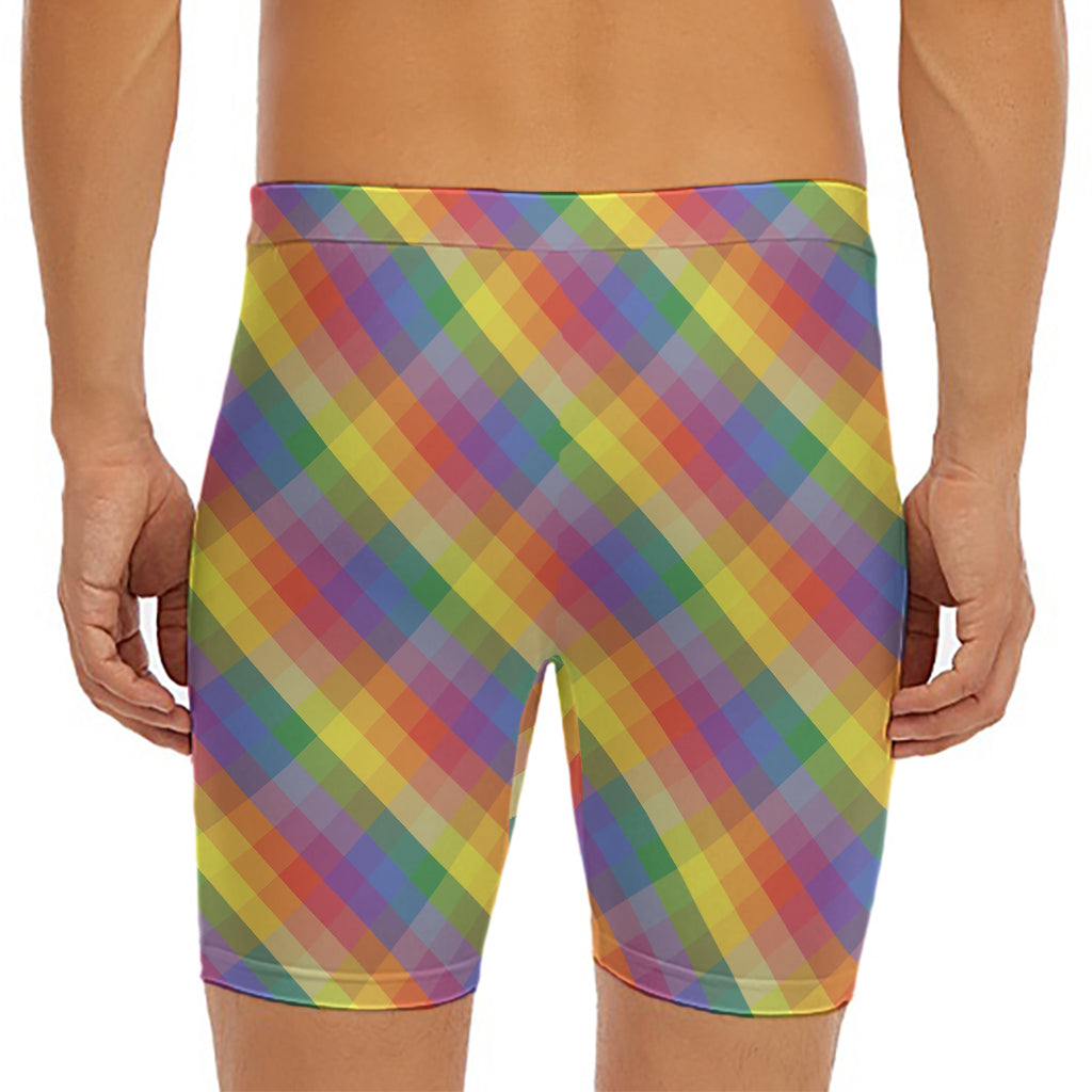 Rainbow LGBT Plaid Pattern Print Men's Long Boxer Briefs