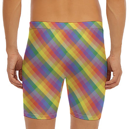 Rainbow LGBT Plaid Pattern Print Men's Long Boxer Briefs