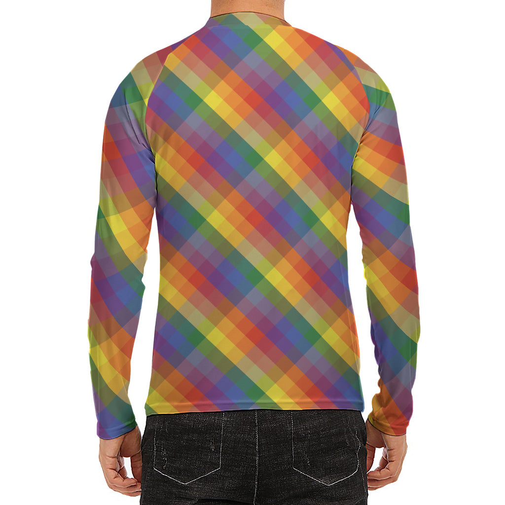 Rainbow LGBT Plaid Pattern Print Men's Long Sleeve Rash Guard