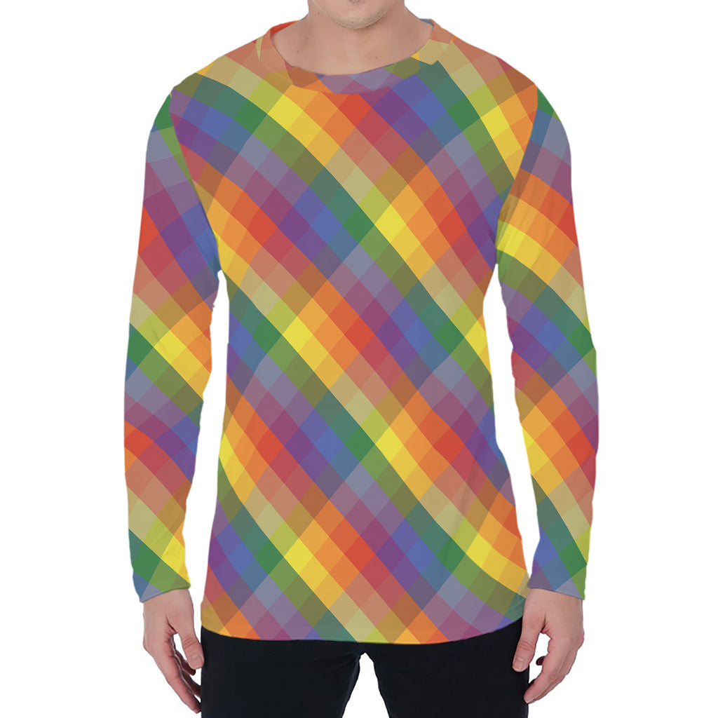 Rainbow LGBT Plaid Pattern Print Men's Long Sleeve T-Shirt