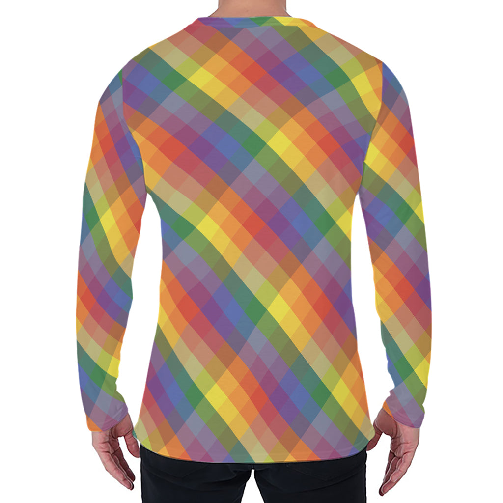 Rainbow LGBT Plaid Pattern Print Men's Long Sleeve T-Shirt