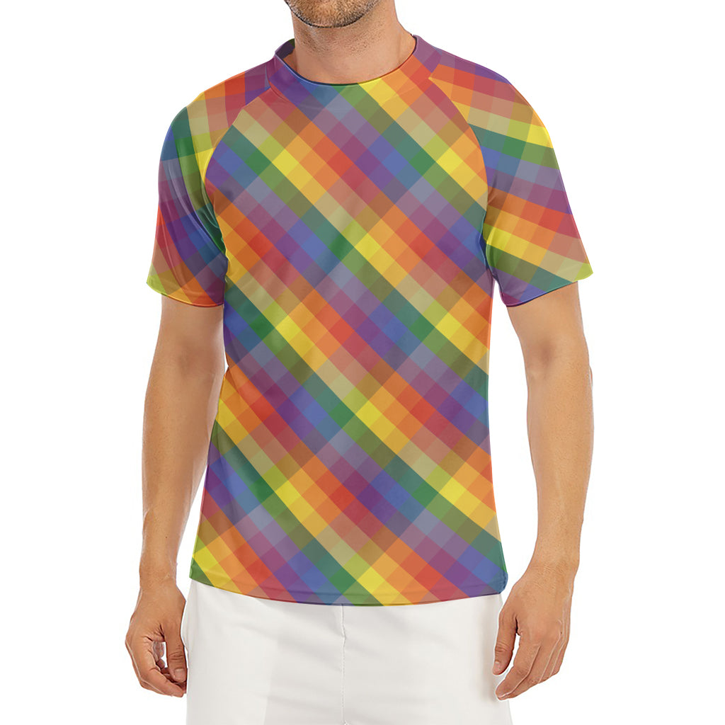 Rainbow LGBT Plaid Pattern Print Men's Short Sleeve Rash Guard