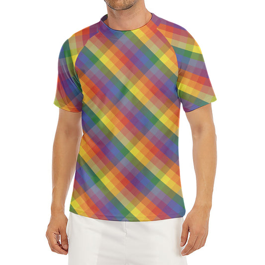 Rainbow LGBT Plaid Pattern Print Men's Short Sleeve Rash Guard