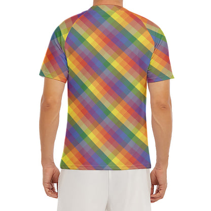 Rainbow LGBT Plaid Pattern Print Men's Short Sleeve Rash Guard