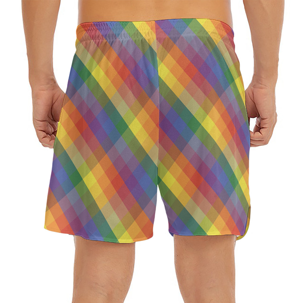 Rainbow LGBT Plaid Pattern Print Men's Split Running Shorts