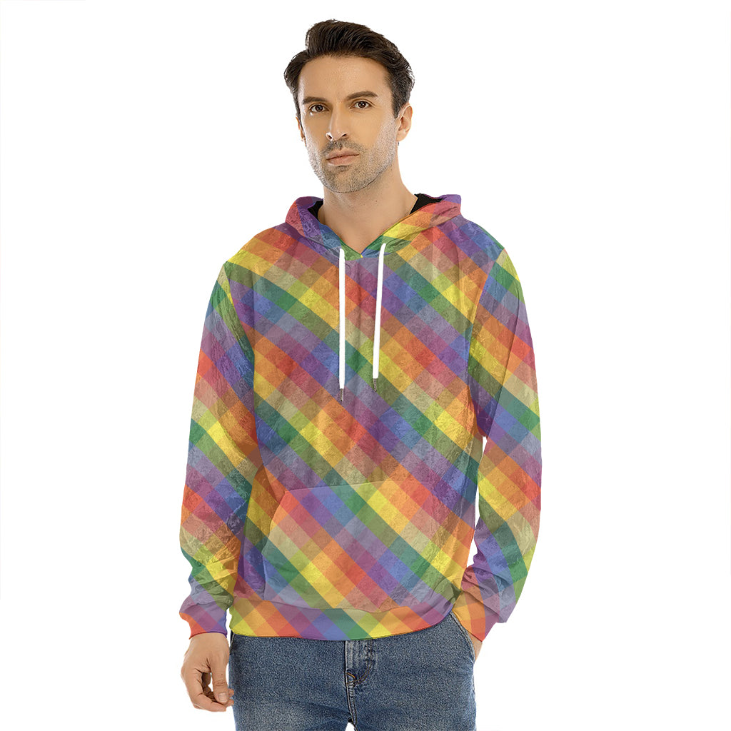 Rainbow LGBT Plaid Pattern Print Men's Velvet Pullover Hoodie