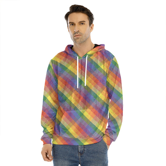 Rainbow LGBT Plaid Pattern Print Men's Velvet Pullover Hoodie