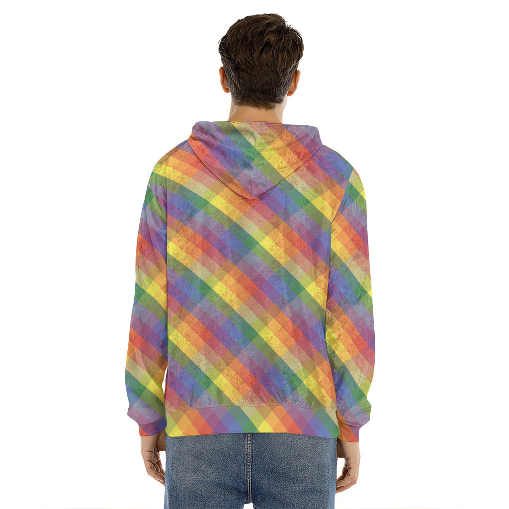Rainbow LGBT Plaid Pattern Print Men's Velvet Pullover Hoodie
