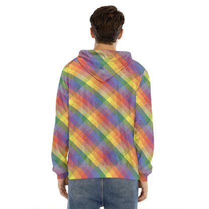 Rainbow LGBT Plaid Pattern Print Men's Velvet Pullover Hoodie