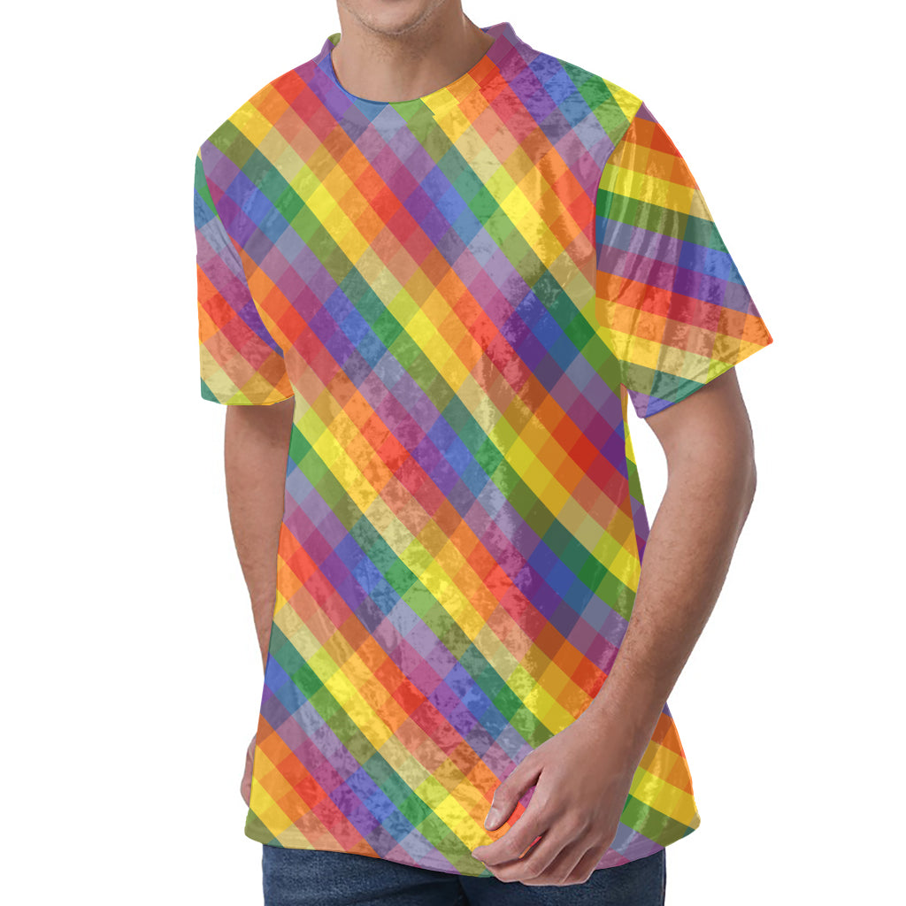 Rainbow LGBT Plaid Pattern Print Men's Velvet T-Shirt