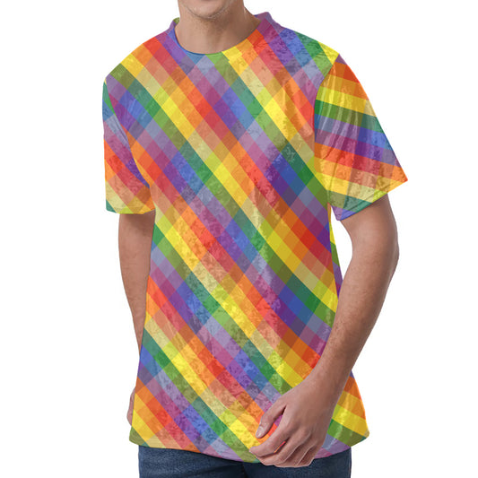 Rainbow LGBT Plaid Pattern Print Men's Velvet T-Shirt