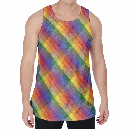 Rainbow LGBT Plaid Pattern Print Men's Velvet Tank Top