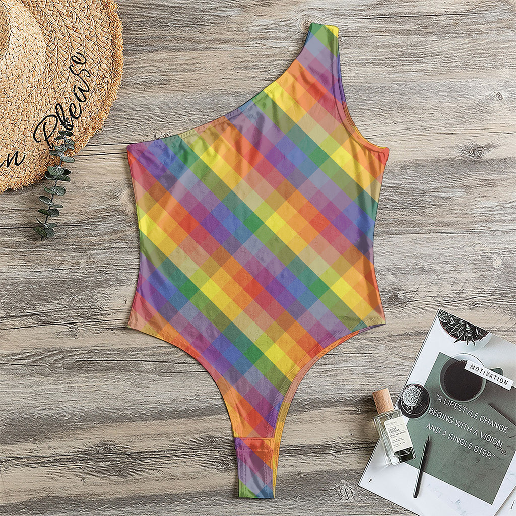 Rainbow LGBT Plaid Pattern Print One Shoulder Bodysuit