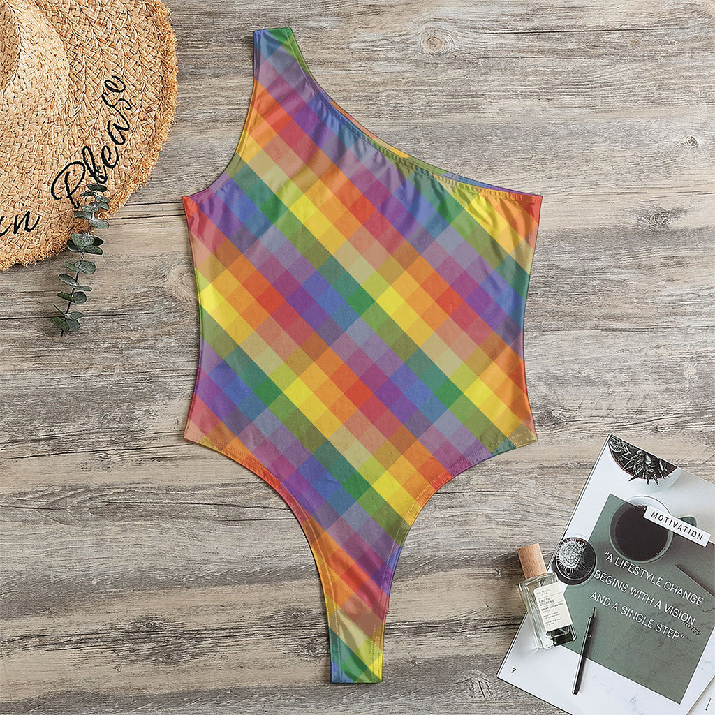 Rainbow LGBT Plaid Pattern Print One Shoulder Bodysuit