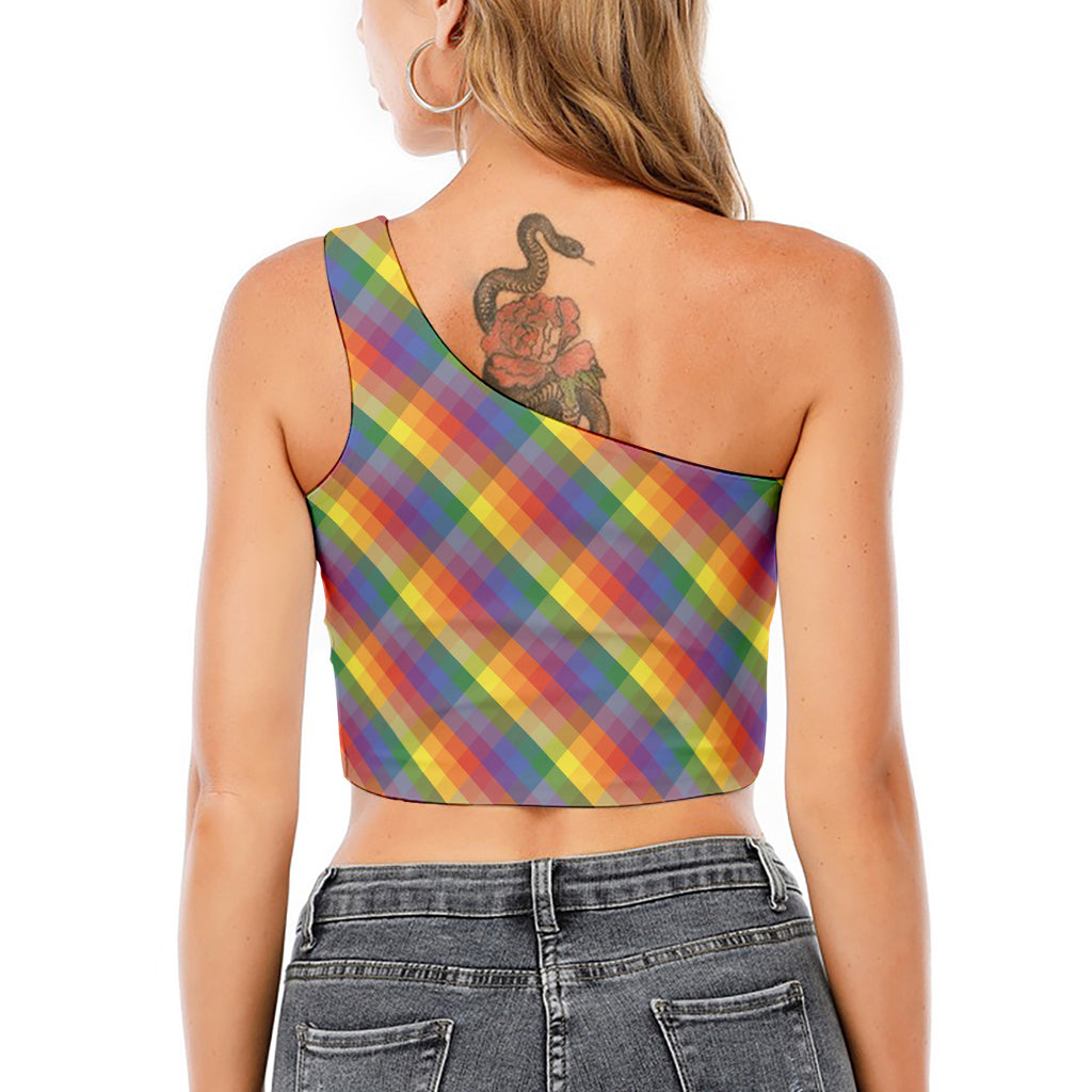 Rainbow LGBT Plaid Pattern Print One Shoulder Crop Top