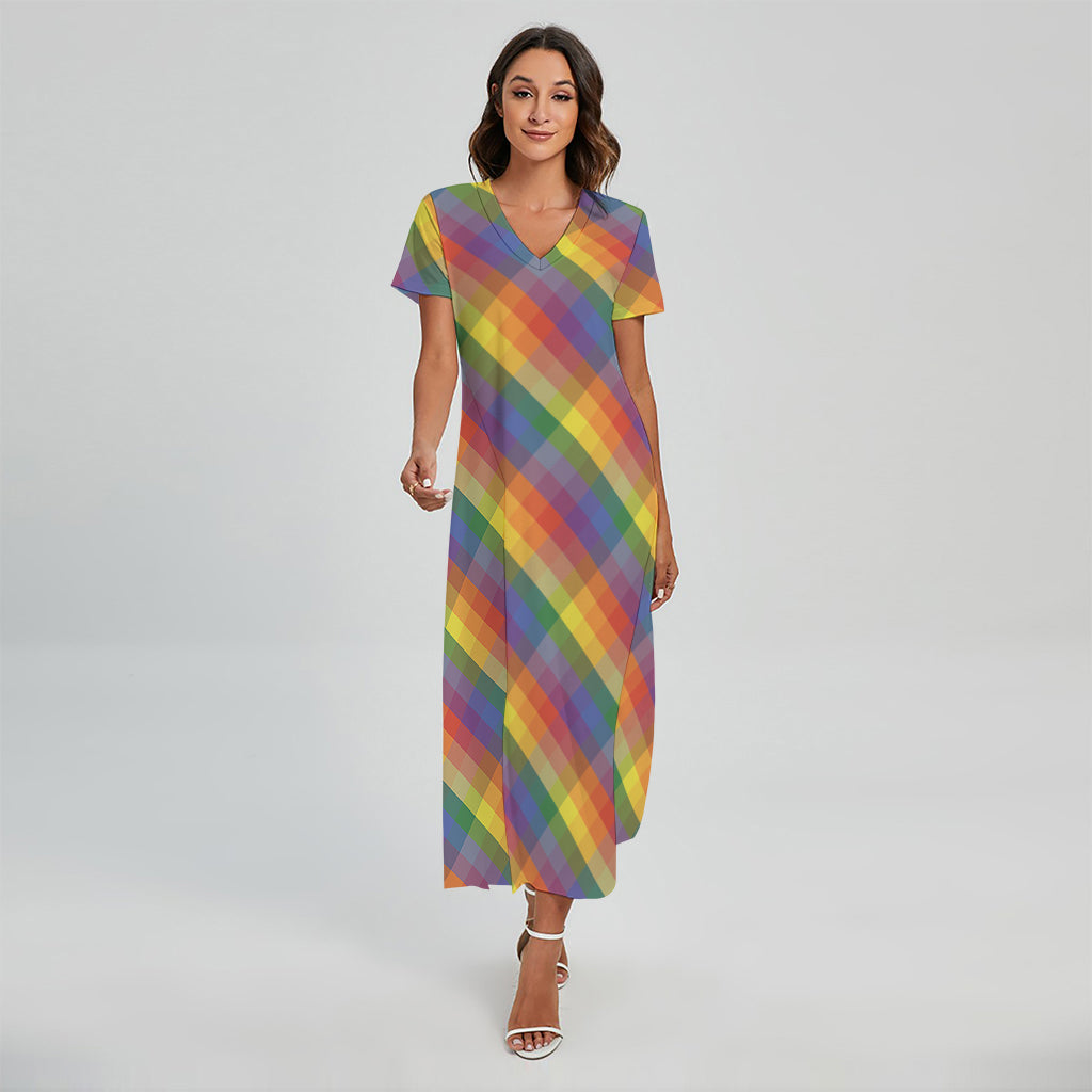 Rainbow LGBT Plaid Pattern Print Short Sleeve Maxi Dress