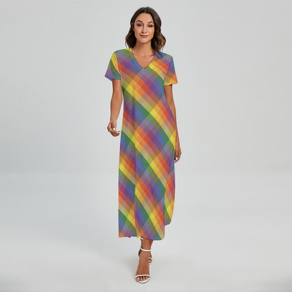 Rainbow LGBT Plaid Pattern Print Short Sleeve Maxi Dress