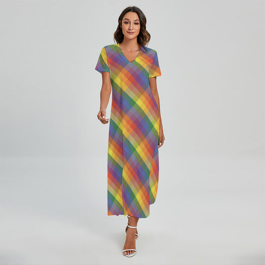 Rainbow LGBT Plaid Pattern Print Short Sleeve Maxi Dress
